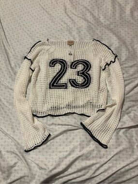 White Knit Cropped Sweater Top with Black Trim and '23' Detail